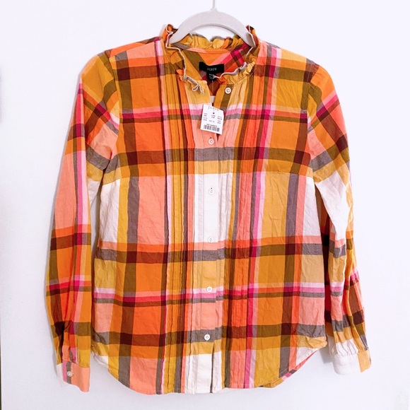🍊 J.CREW ORANGE YELLOW RUFFLE COLLAR PLAID BUTTON DOWN SHIRT! - Picture 15 of 16